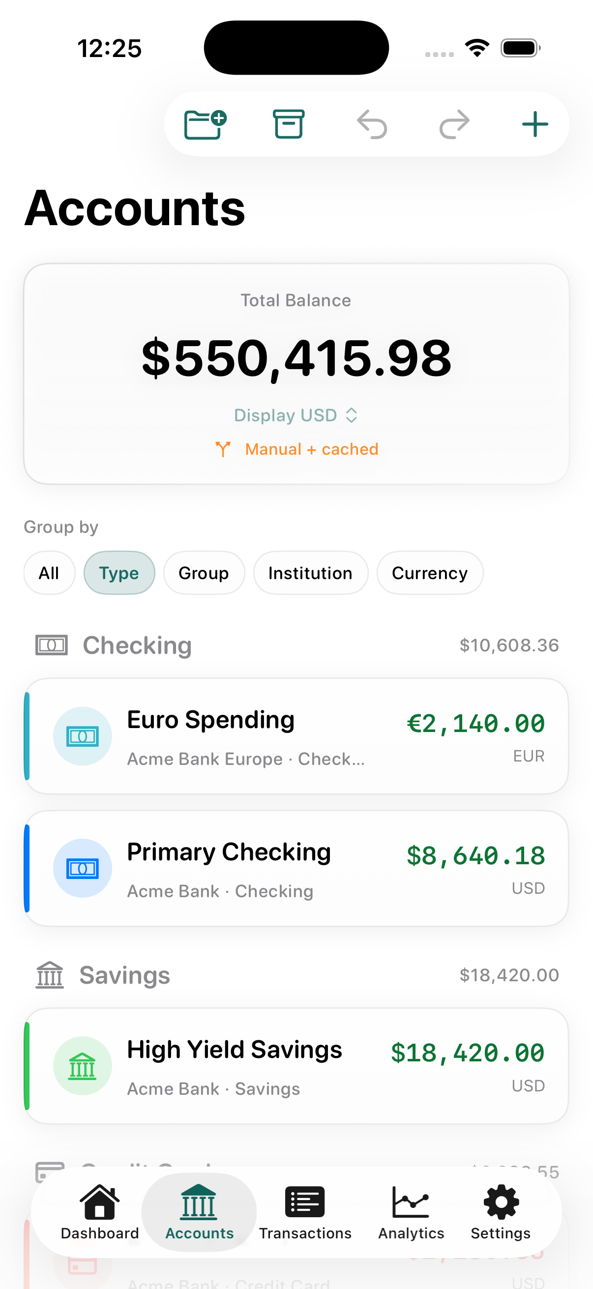 Accounts screen